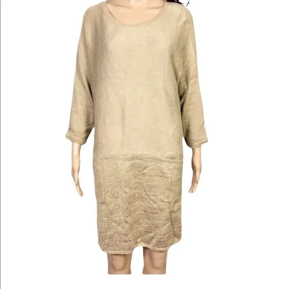 Soft Surroundings Boho Tan Beige Scoop Neck 3/4 Sleeve Knit Tunic Top S/M
